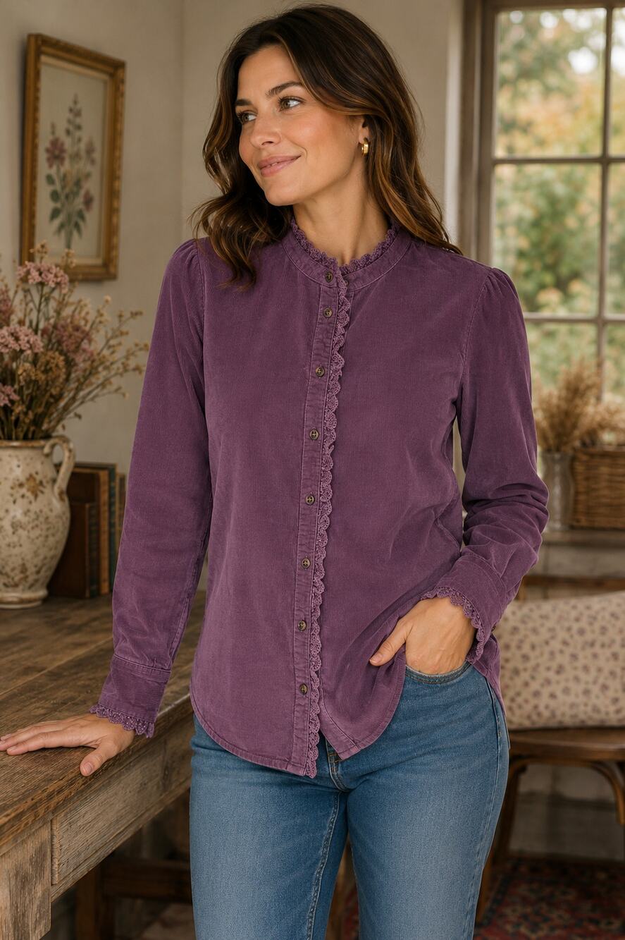 Boden Phoebe Cord Shirt Womens 2 Purple Corduroy Lace Ruffle Cottagecore